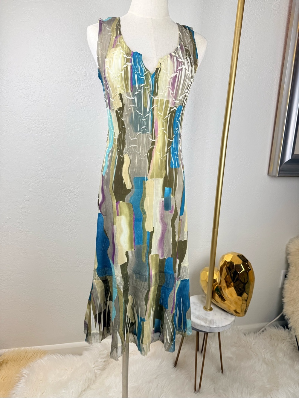 Komarov WhimsiGoth Hand Pleated Abstract Midi Dress Blue Green Purple S USA - Picture 4 of 14